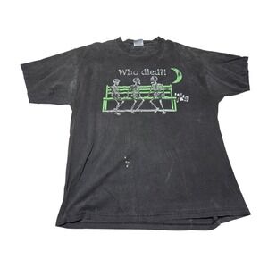 Vintage Skeleton "Who Died?!" Graphic T-Shirt Faded Black Grunge Sleaze